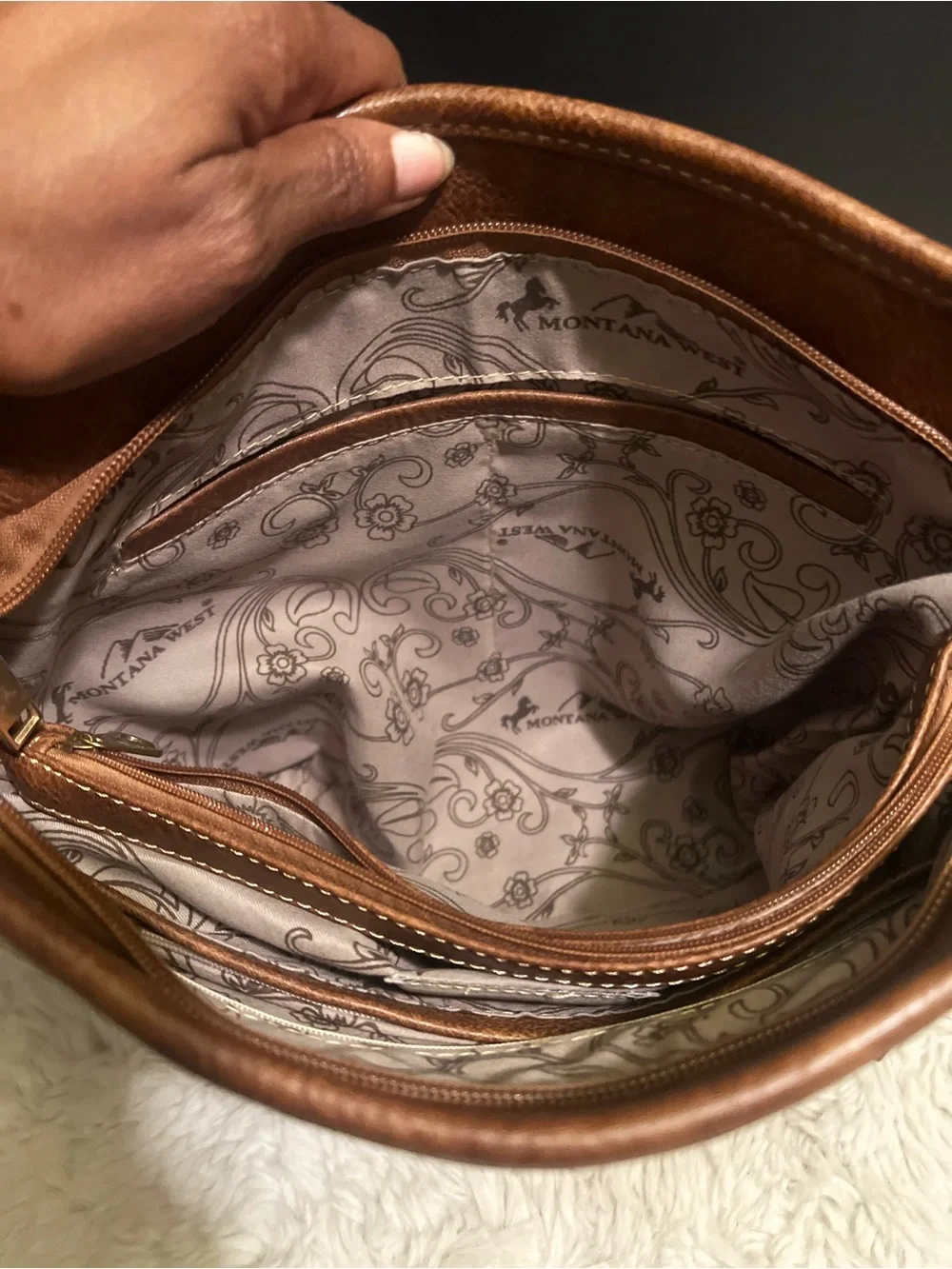 Montana West Tan and Cream Floral Embossed Western Shoulder Bag with Stud Cross